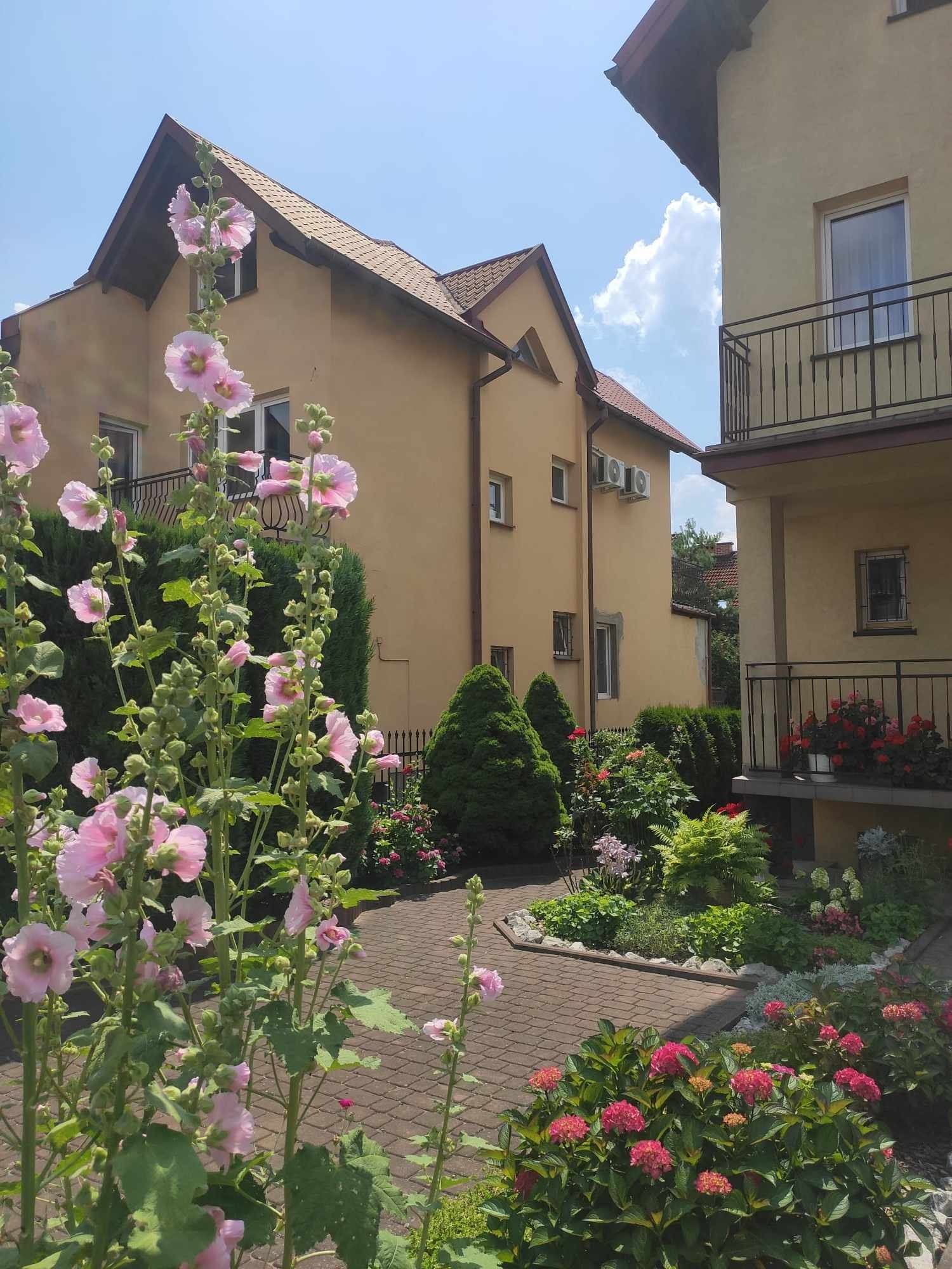 Widok na ogród z kwitnącymi malwami na pierwszym planie, za nimi dwa budynki z zamontowanymi klimatyzatorami na ścianie jednego z nich.