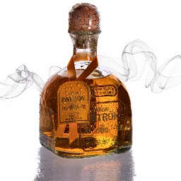 Butelka złotej tequili Patron Anejo z kroplami wody na etykiecie i korku, otoczona smugami dymu na białym tle.