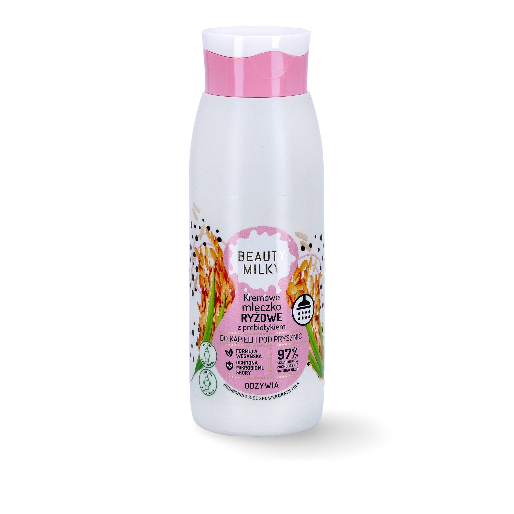 Butelka kremowego mleczka ryżowego z prebiotykiem Beauty Milky do kąpieli i pod prysznic, z etykietą informującą o wegańskiej formule i 97% składników pochodzenia naturalnego. Grafika z motywem ryżu.