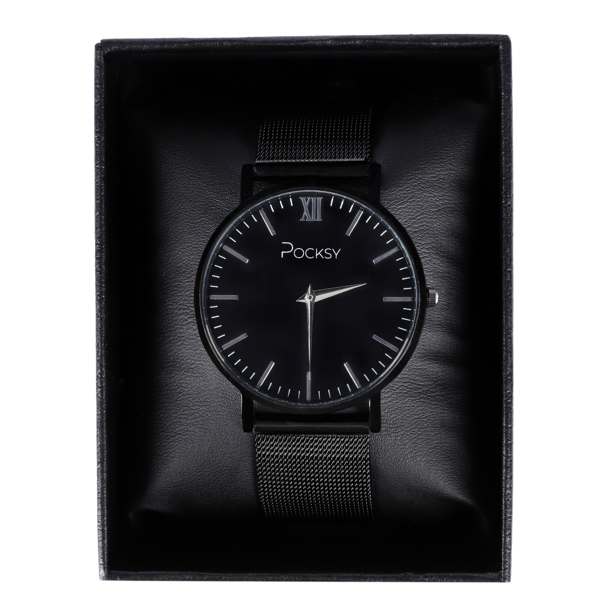 Czarny zegarek Pocksy z metalową bransoletą w czarnym pudełku z imitacji skóry, widok z góry.