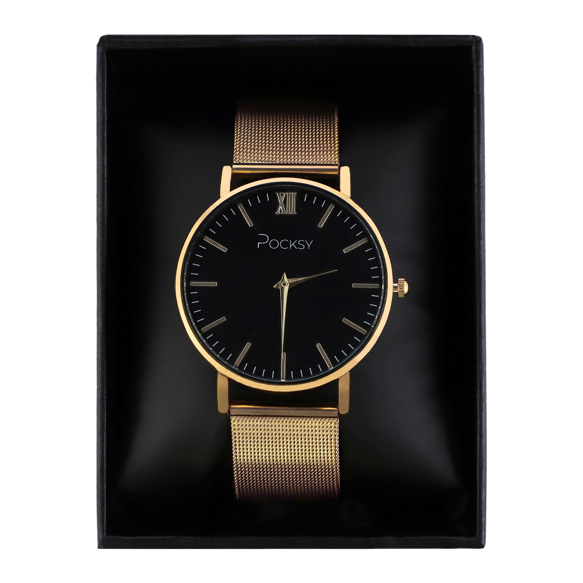 Zegarek damski Pocksy z czarną tarczą i złotą bransoletą typu mesh, umieszczony w czarnym pudełku.