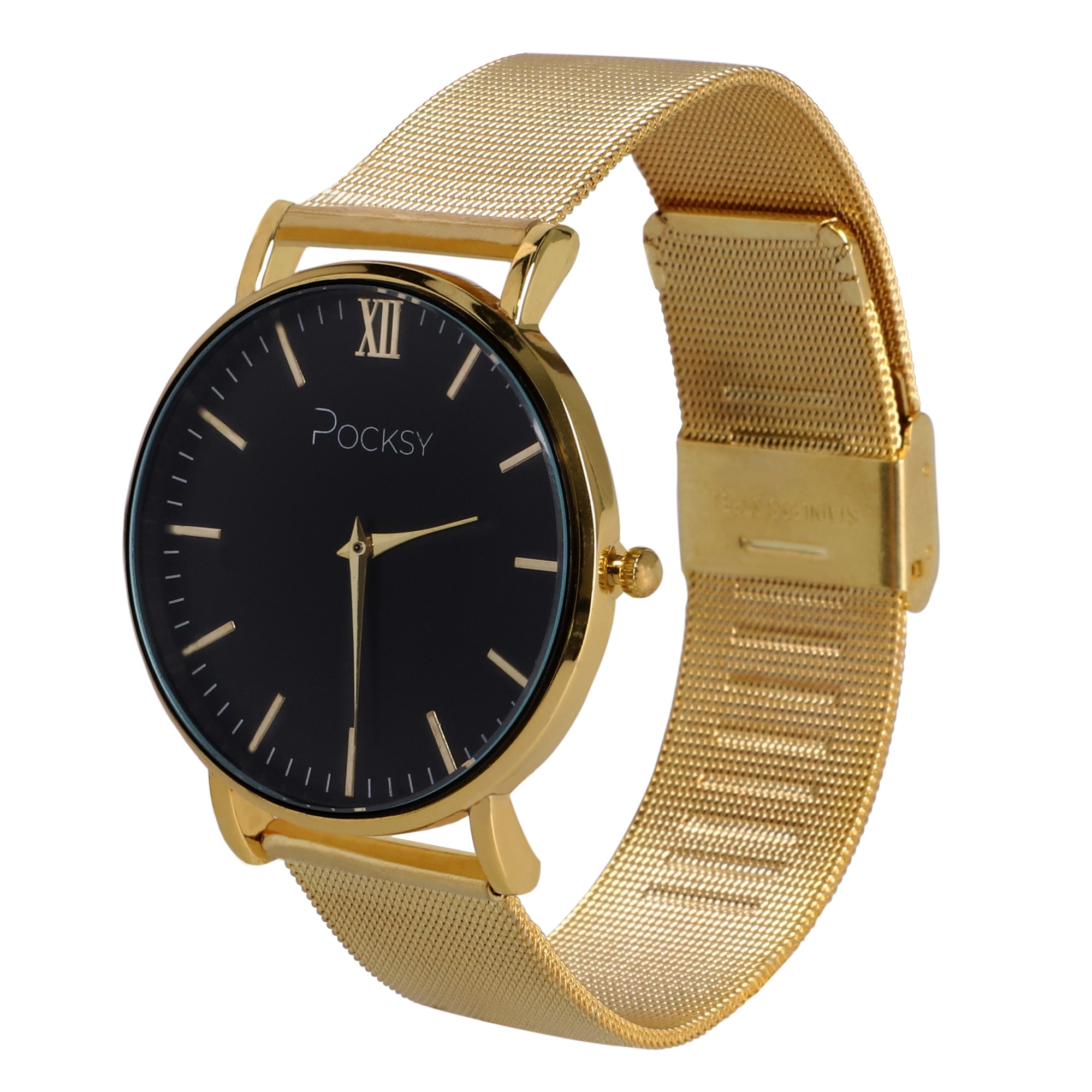 Złoty zegarek Pocksy z czarną tarczą i rzymską cyfrą XII, na białym tle.