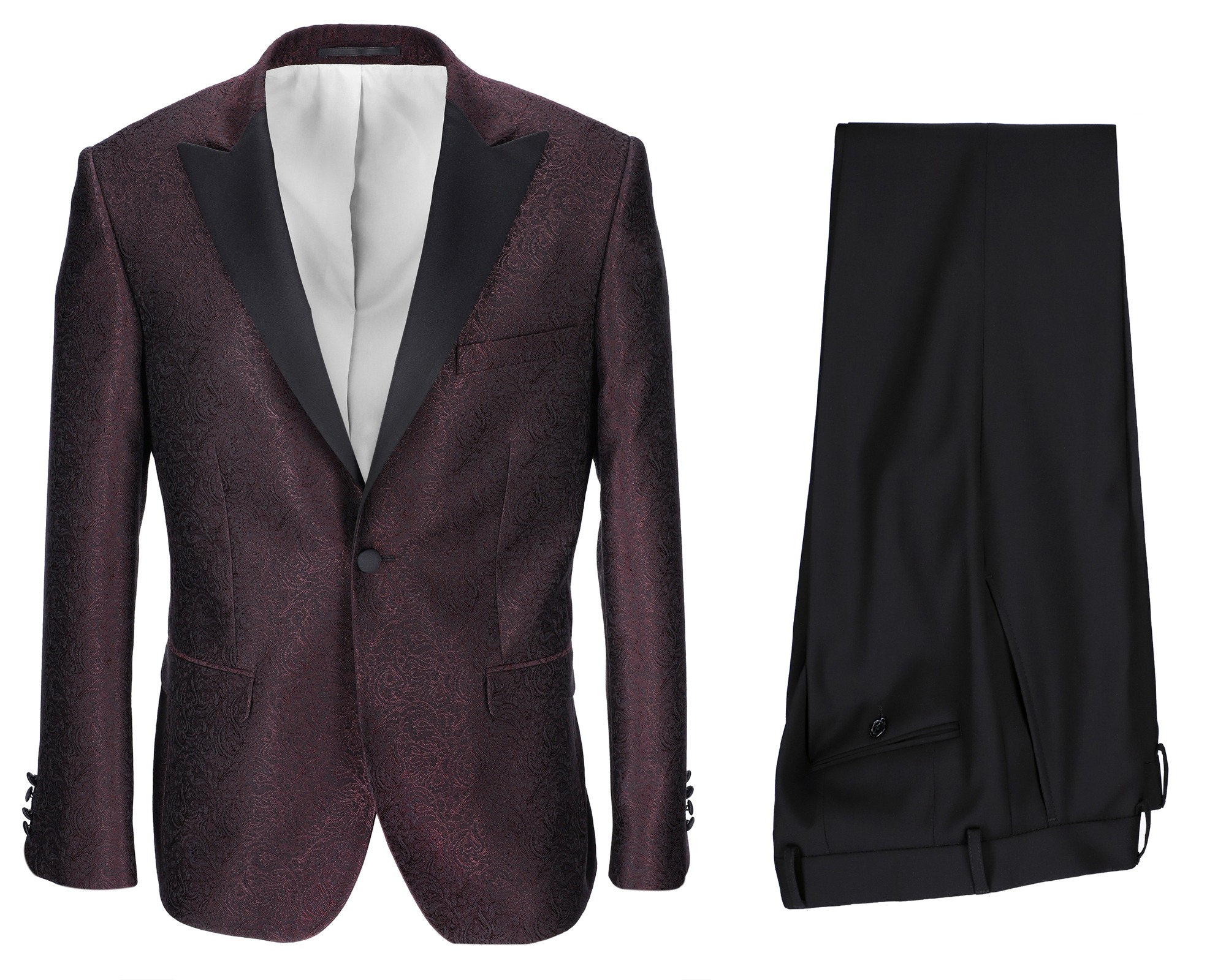 Elegancki męski garnitur: bordowa marynarka z delikatnym wzorem i czarnymi klapami, obok czarne spodnie