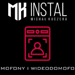 Logo firmy MK Instal Michał Kuczera z ikoną wideodomofonu w kolorze czerwonym na czarnym tle oraz napisem DOMOFONY I WIDEODOMOFONY.