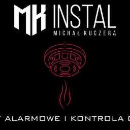 Logo firmy MK Instal Michał Kuczera z czerwonym schematycznym rysunkiem czujnika dymu i napisem 'SYSTEMY ALARMOWE I KONTROLA DOSTĘPU' na czarnym tle.