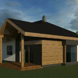 Wizualizacja projektu domu jednorodzinnego z drewnianą elewacją, czarnym dachem i zadaszonym wejściem, na tle pochmurnego nieba.
