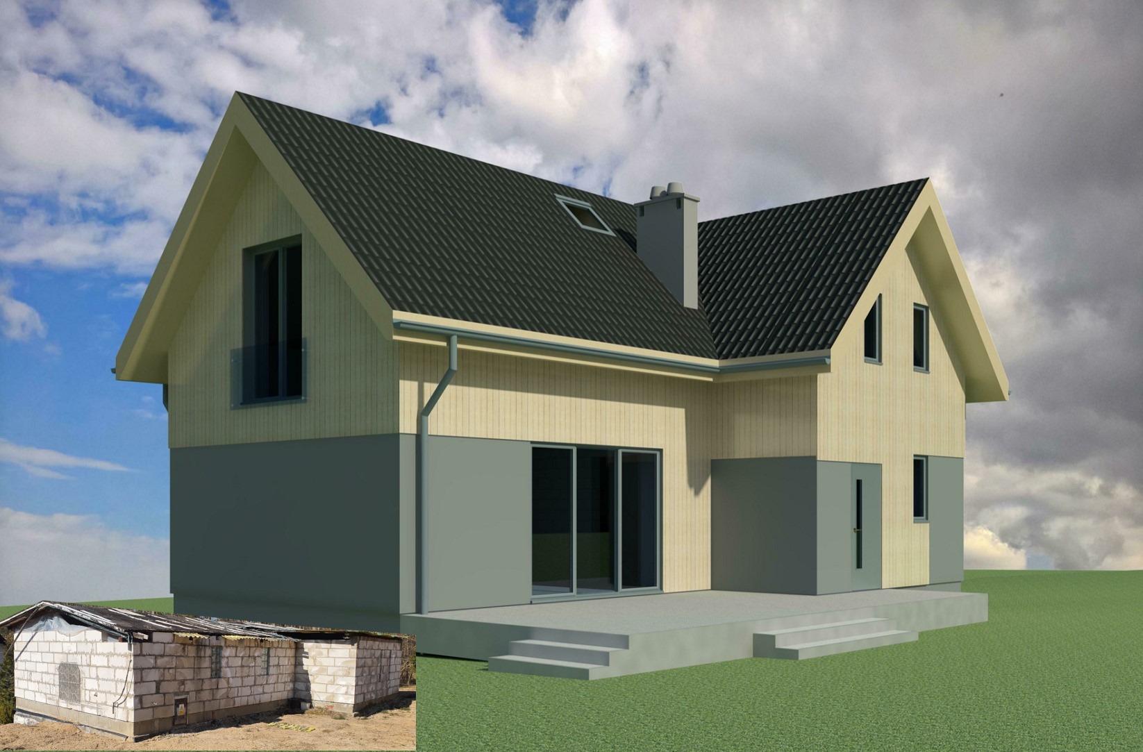 Przebudowa i nadbudowa istniejącego budynku letniskowego (stan istniejący w lewym dolnym rogu)