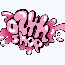 Barbara Gdula - Różowy, stylizowany napis 'Ozh Shop' z efektem rozpływającej się farby, czarne obramowanie, białe refleksy, na jasnym tle.