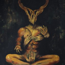 Barbara Gdula - Abstrakcyjna, mroczna olejna praca przedstawiająca siedzącą postać bez głowy z rogami, której ciało obejmują liczne dłonie