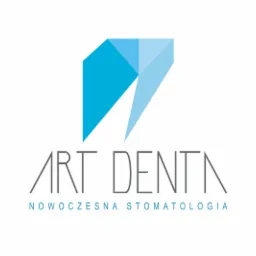Logo firmy Art Dentin, przedstawiające abstrakcyjny kształt w odcieniach błękitu nad nazwą i hasłem 'Nowoczesna Stomatologia'.