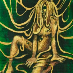 Ilustracja przedstawiająca siedzącą postać z wieloma oczami na zielonym tle z złotymi liniami.