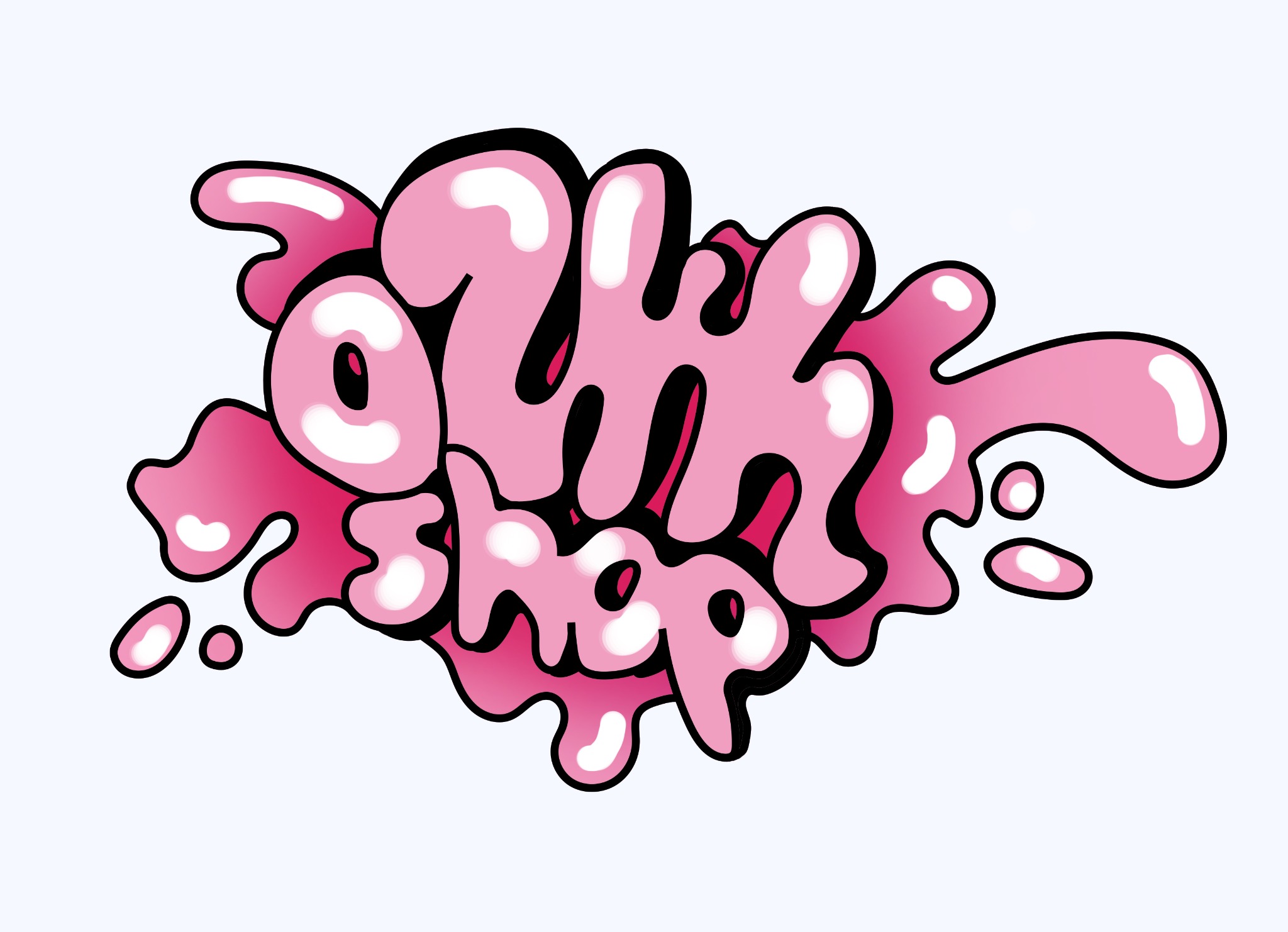 Różowy, stylizowany napis 'Ozh Shop' z efektem rozpływającej się farby, czarne obramowanie, białe refleksy, na jasnym tle.