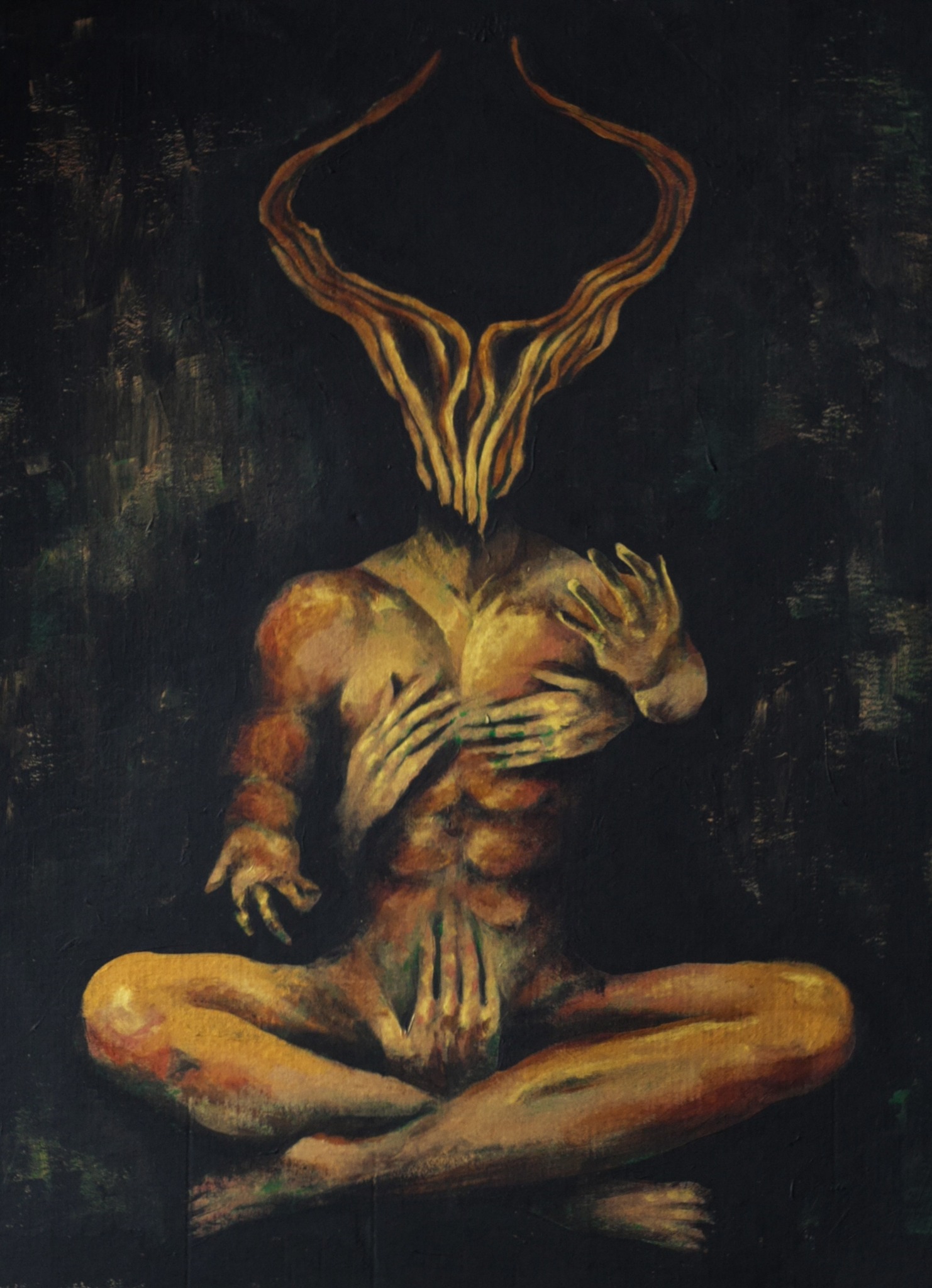 Abstrakcyjna, mroczna olejna praca przedstawiająca siedzącą postać bez głowy z rogami, której ciało obejmują liczne dłonie