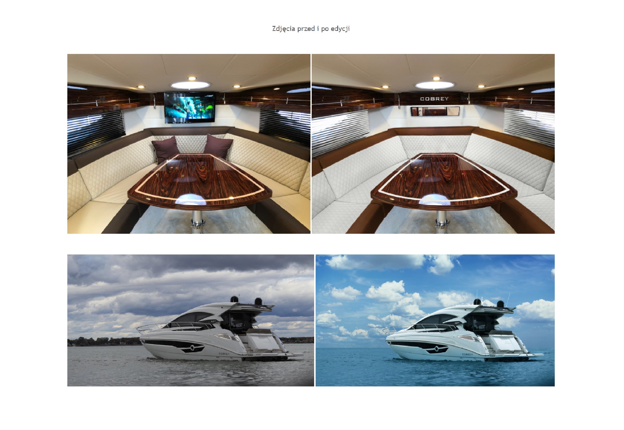 Porównanie wnętrza i zewnętrza jachtu przed i po edycji: luksusowa kabina z drewnianym stołem i skórzanymi siedzeniami kontra jacht na tle pochmurnego i słonecznego nieba.