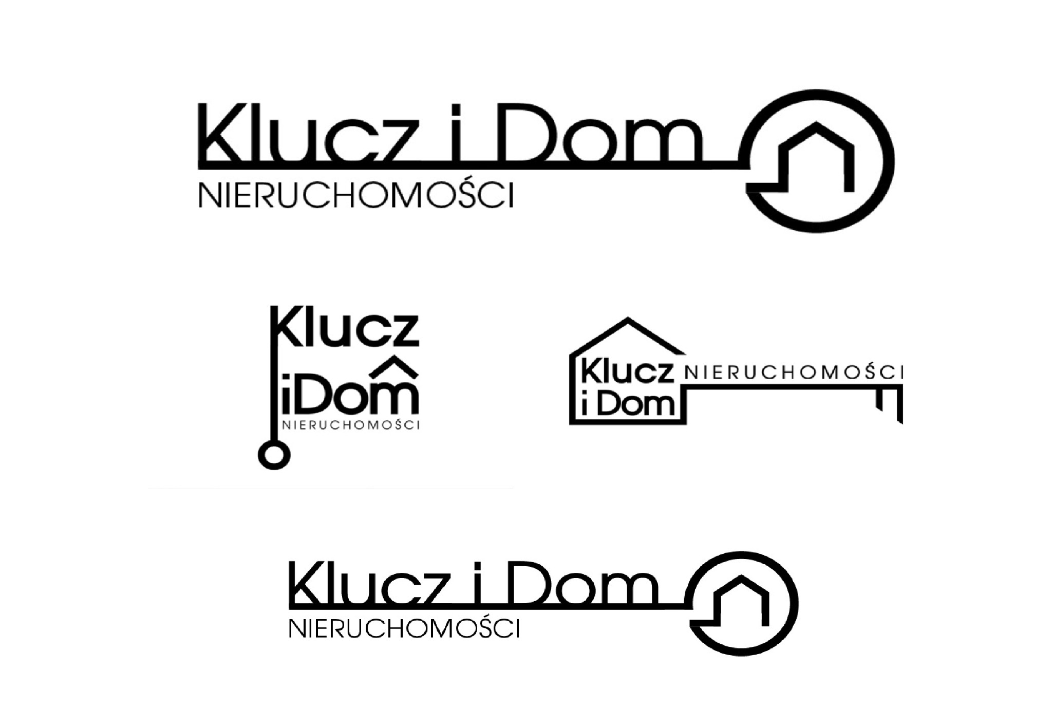 Kolekcja minimalistycznych logo dla firmy nieruchomości 'Klucz i Dom', prezentująca różne warianty graficzne z motywem klucza i domu.