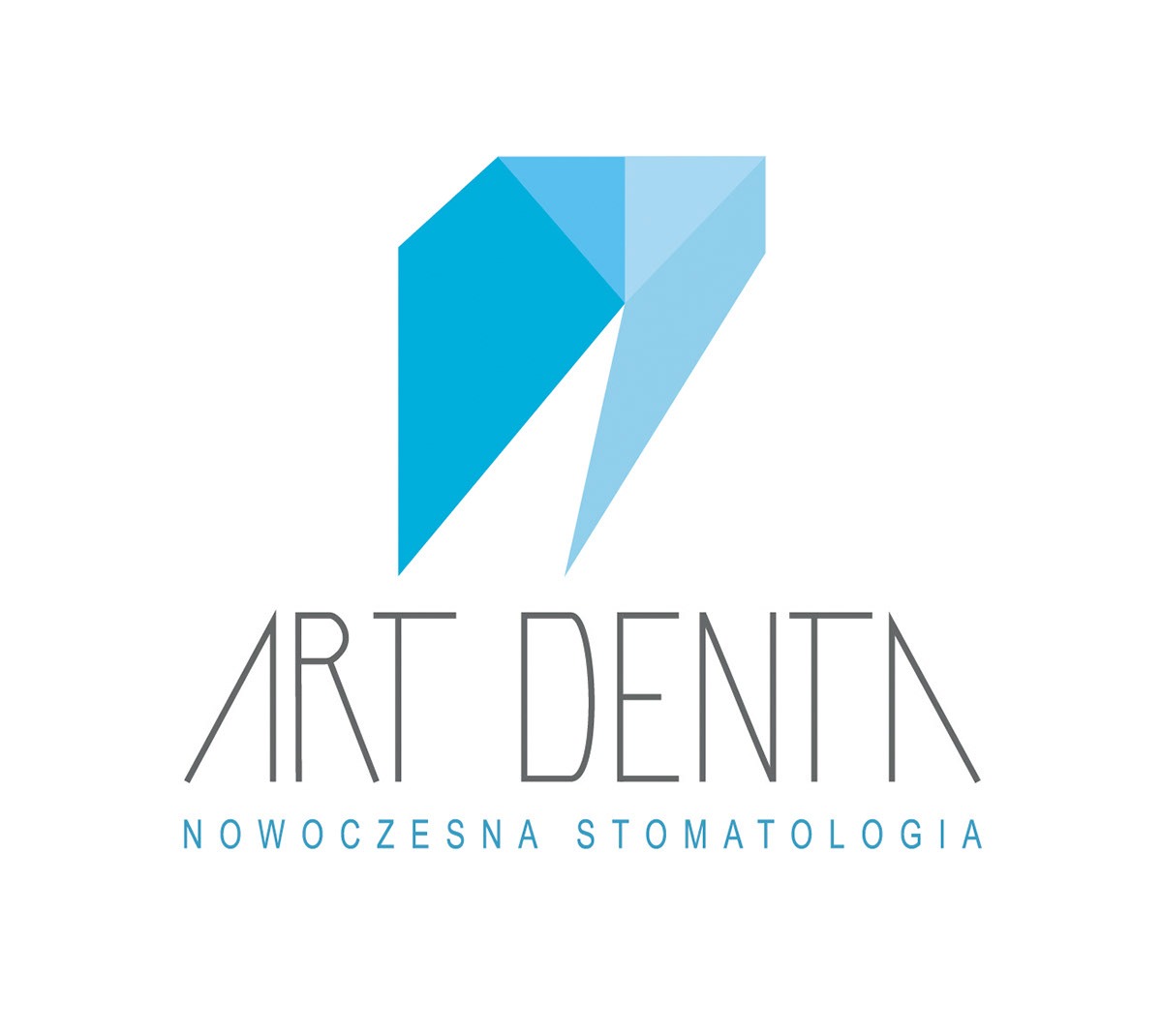 Logo firmy Art Dentin, przedstawiające abstrakcyjny kształt w odcieniach błękitu nad nazwą i hasłem 'Nowoczesna Stomatologia'.