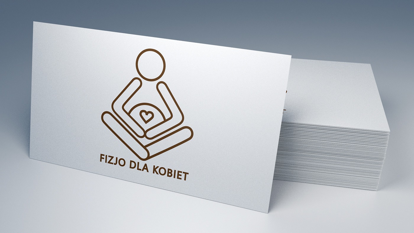Stos wizytówek z brązowym logo przedstawiającym postać kobiety w ciąży obejmującej brzuch z sercem, podpisane 'FIZJO DLA KOBIET'.