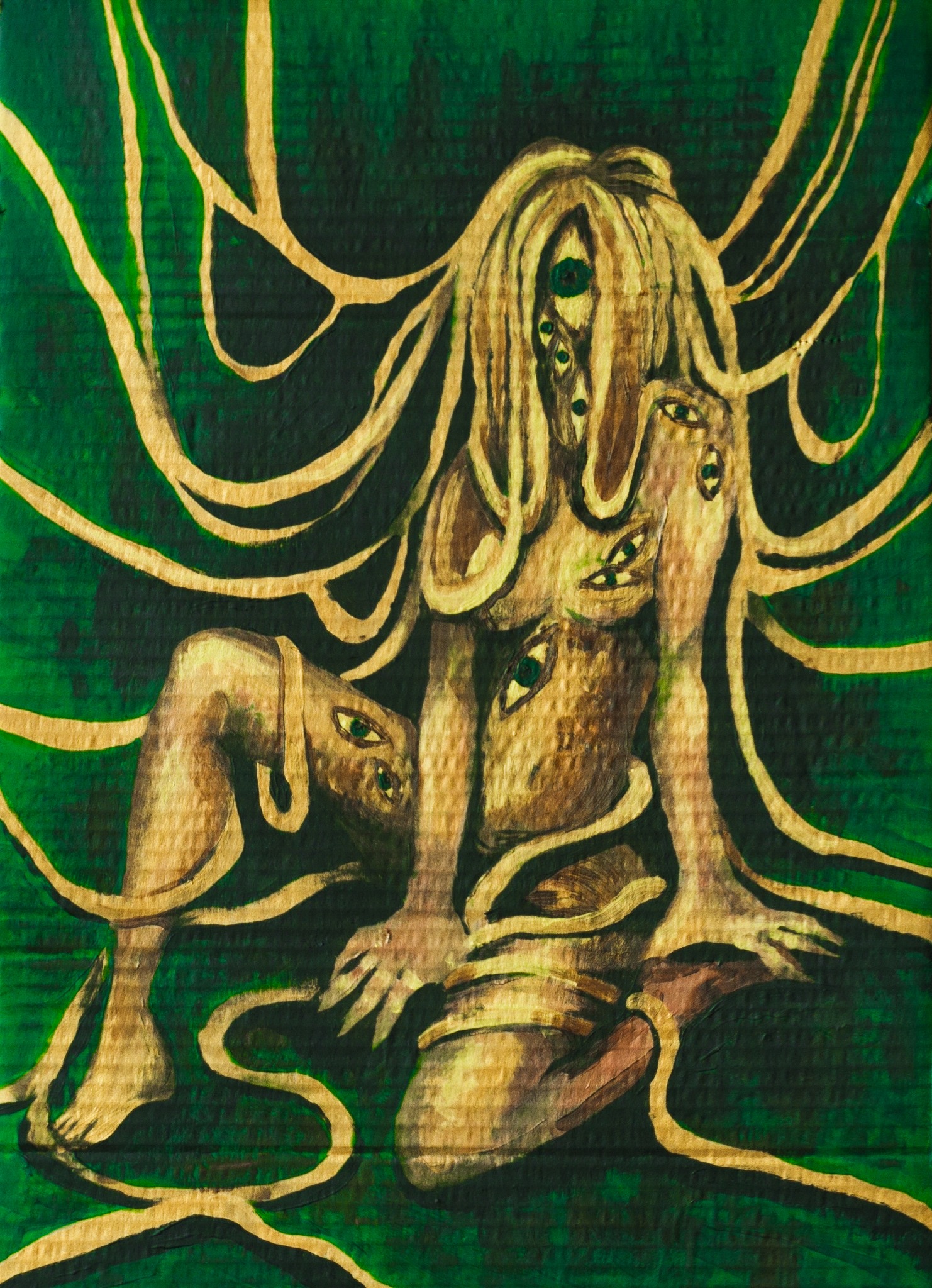 Ilustracja przedstawiająca siedzącą postać z wieloma oczami na zielonym tle z złotymi liniami.