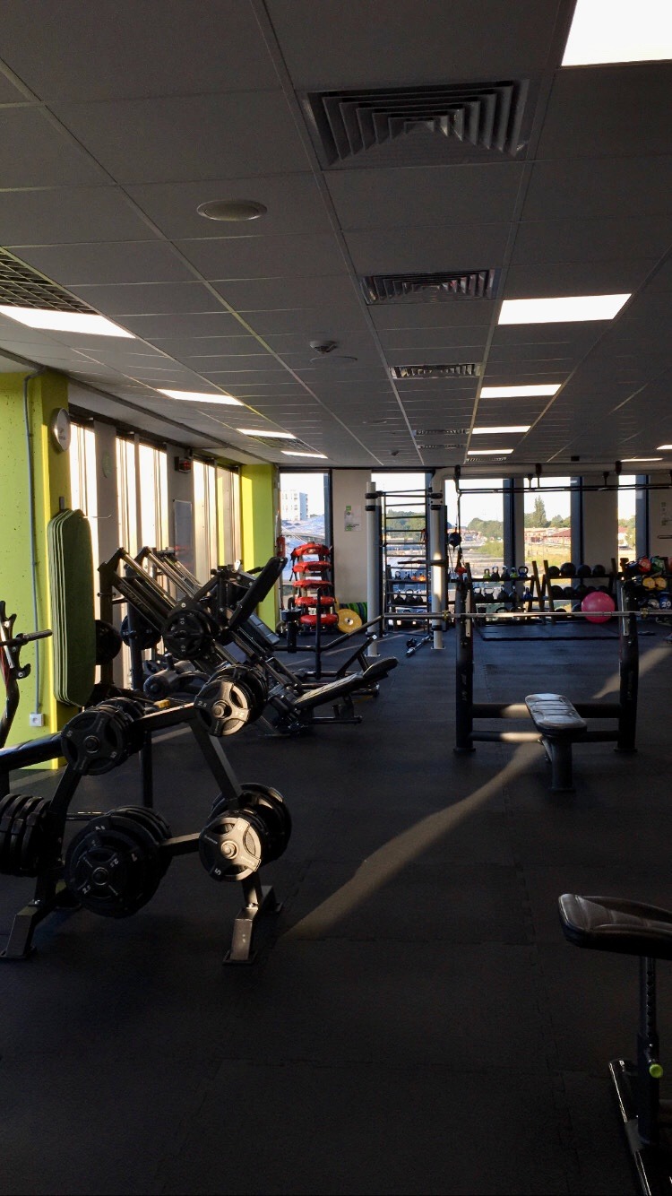 Wnętrze siłowni z widocznymi maszynami do ćwiczeń, stojakami na ciężary i oknami w tle, oświetlone promieniami słońca padającymi na podłogę.