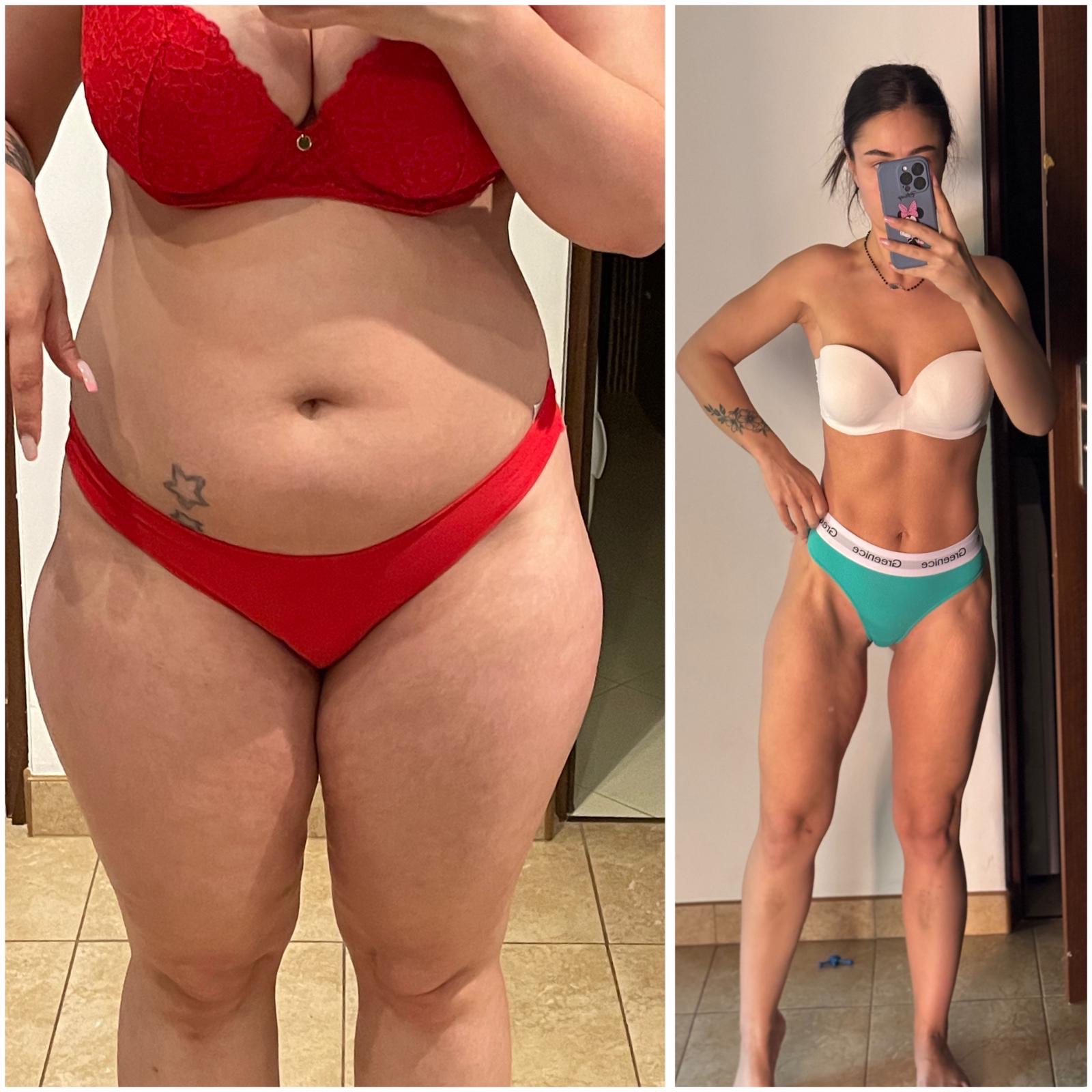 Efekt transformacji sylwetki: zdjęcie typu 'przed i po' prezentuje widoczną różnicę w wyglądzie kobiety po programie treningowym. Po prawej stronie osoba robi sobie selfie.