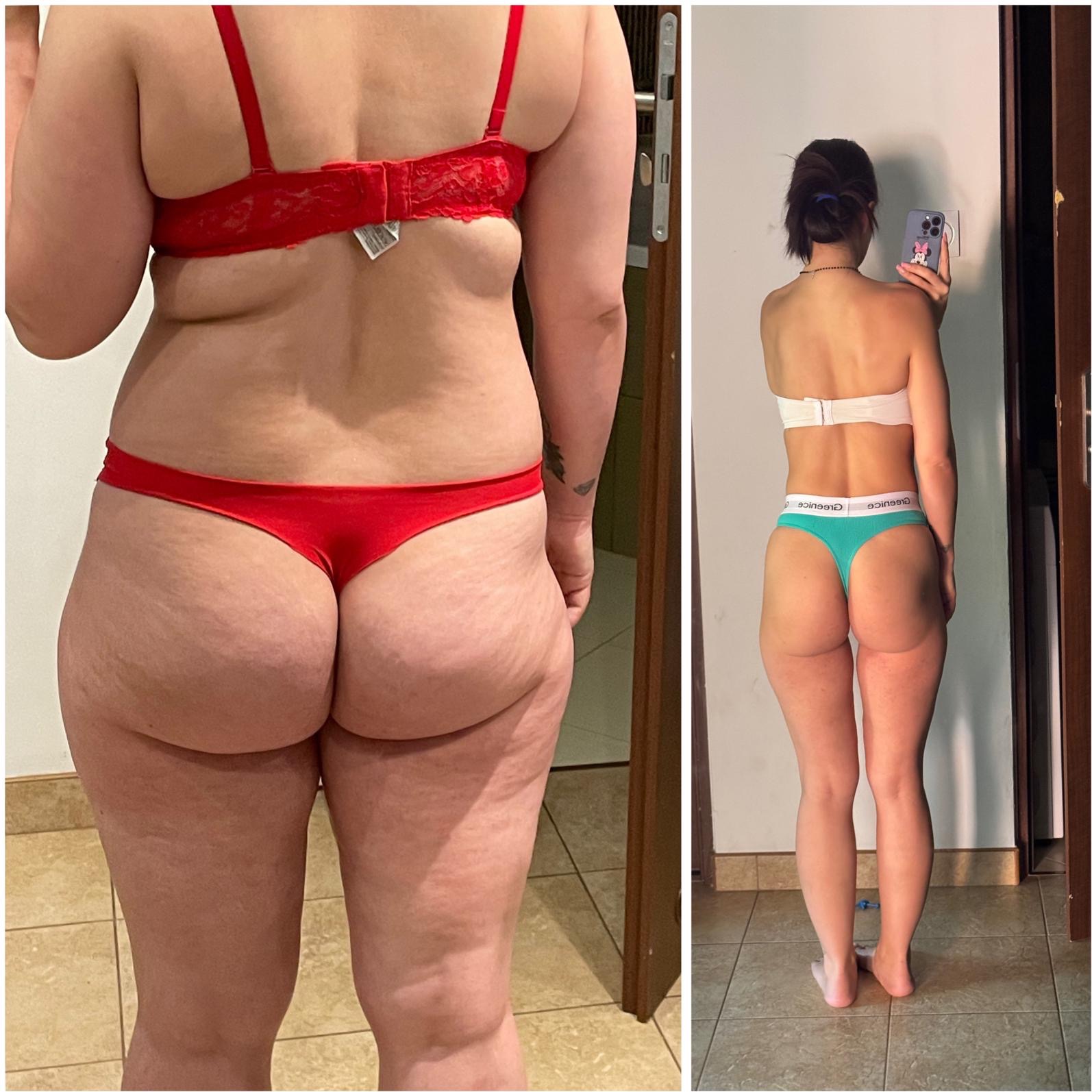 Zdjęcie typu 'przed i po' przedstawia metamorfozę sylwetki kobiety, widzianej od tyłu, w bieliźnie. Po lewej stronie sylwetka przed, po prawej - po treningach.