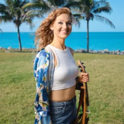 Uśmiechnięta kobieta z blond włosami, trzymająca skrzypce elektryczne na tle błękitnego morza i palm.