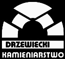 Czarno-białe logo firmy kamieniarskiej Drzewiecki, przedstawiające stylizowany łuk z bloków, z napisem 'DRZEWIECKI' u góry i 'KAMIEŃIARSTWO' na dole.