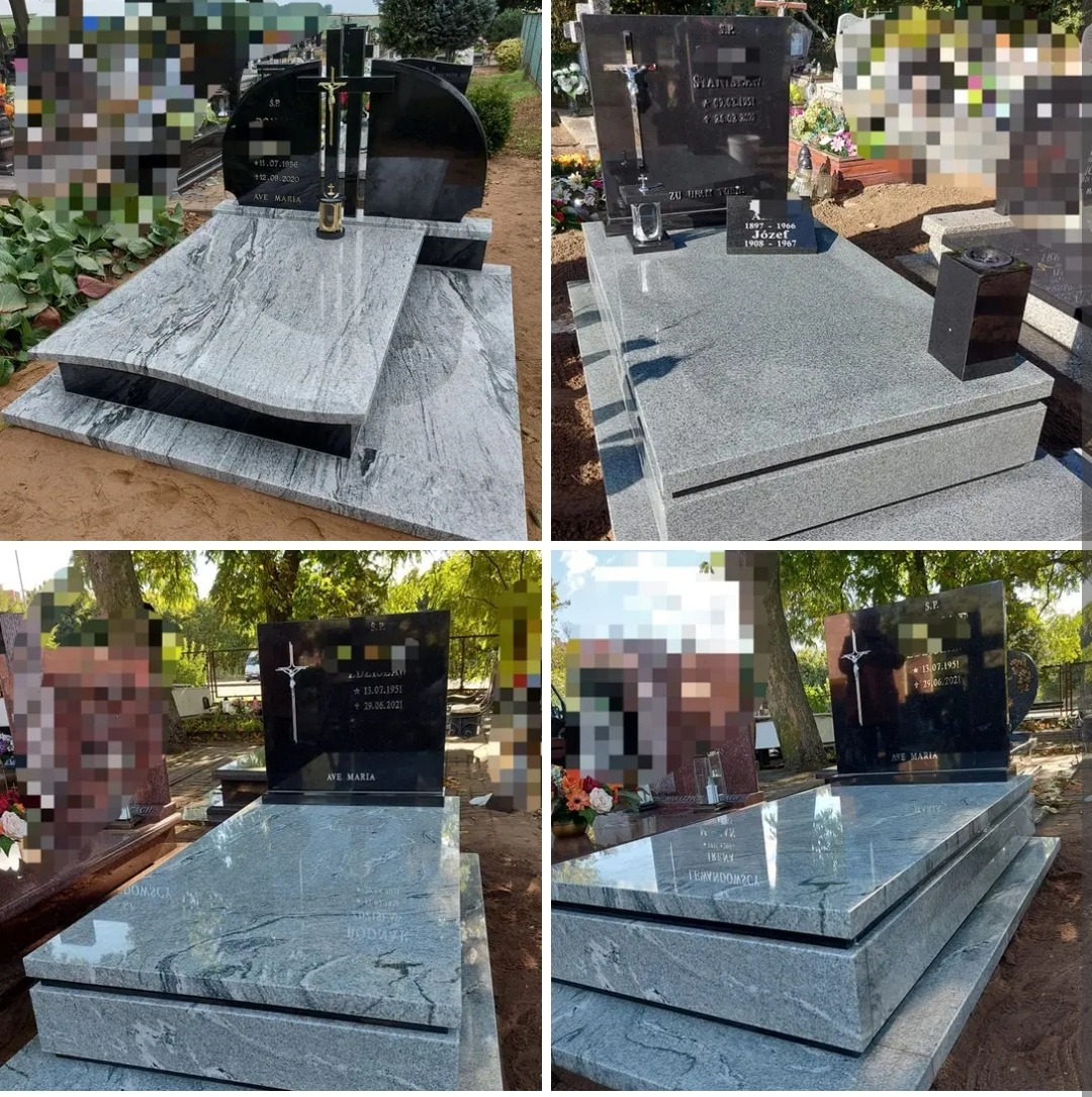 Kompozycja czterech ujęć nagrobków z różnych perspektyw: jasnoszary nagrobek z ciemnym krzyżem, nagrobek z ciemnego kamienia z wygrawerowanymi datami, nagrobek z jasnego kamienia z inskrypcjami...