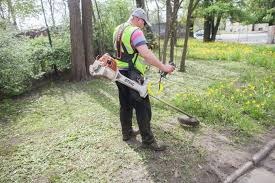 Mężczyzna w kamizelce odblaskowej kosi trawę pod drzewami przy użyciu podkaszarki spalinowej marki Stihl.
