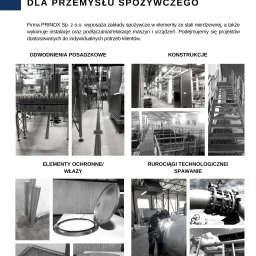 Prinox - Kolaż czarno-białych zdjęć przedstawiających elementy wyposażenia zakładów spożywczych ze stali nierdzewnej: systemy odwodnienia posadzkowe, konstrukcje stalowe, elementy ochronne, włazy, rurociągi...