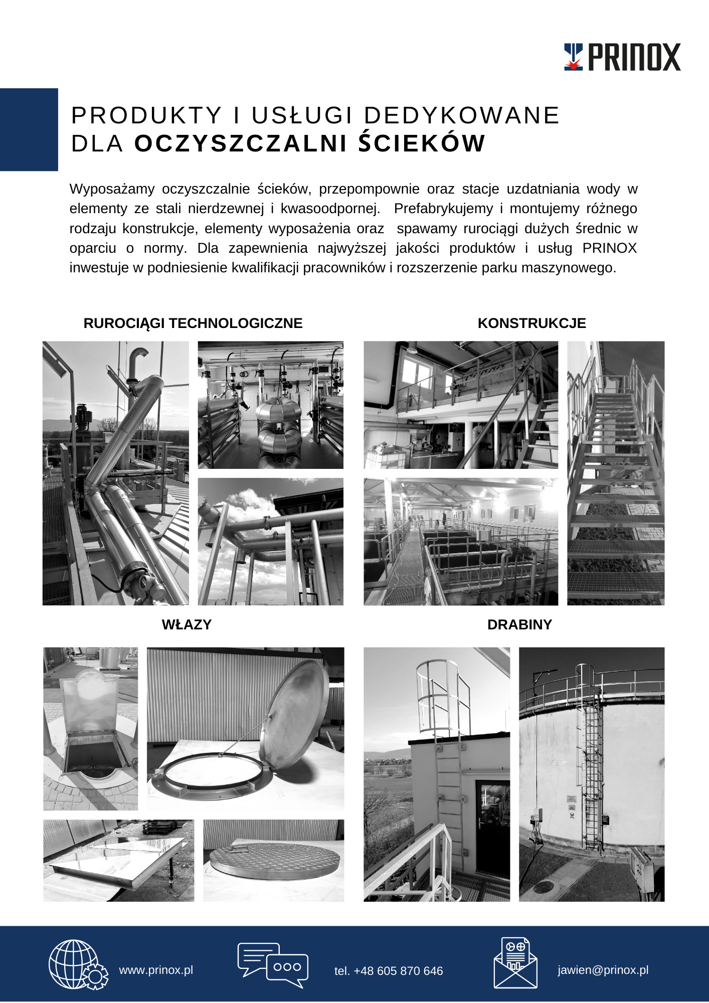 Katalog firmy z Krakowa prezentujący stalowe rurociągi technologiczne, konstrukcje, włazy i drabiny do oczyszczalni ścieków, wykonane ze stali nierdzewnej.