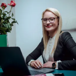 Uśmiechnięta blondynka w okularach i czarnej marynarce siedzi przy biurku z laptopem, obok wazon z różami i zielony segregator.