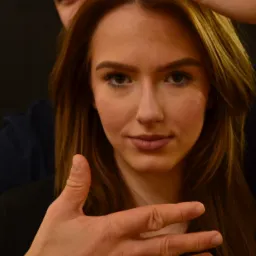 Portret kobiety z dłońmi mężczyzny nad głową i przed klatką piersiową, tworzącymi ramę, z mężczyzną w tle spoglądającym zza jej głowy, ciemne tło.