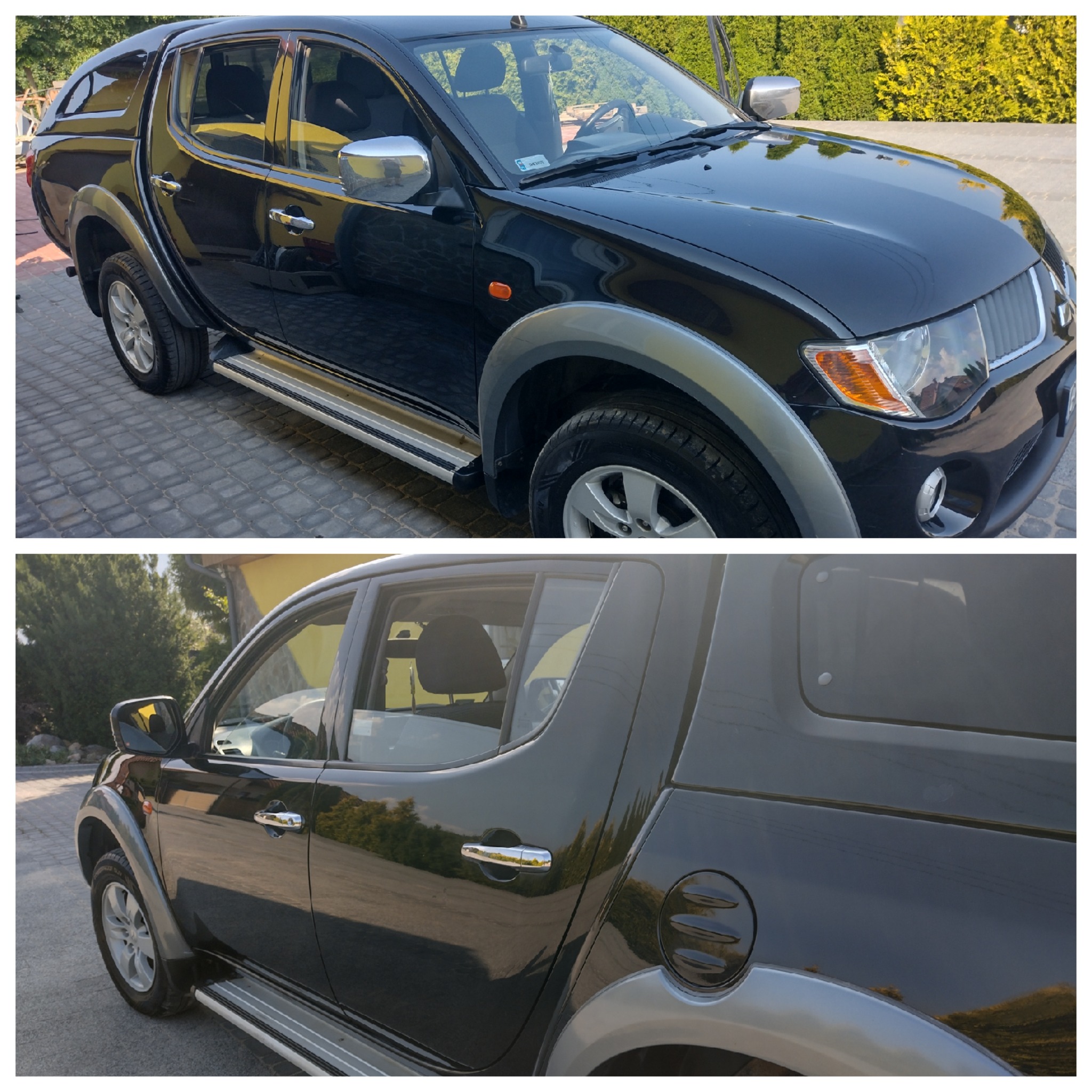 Błyszczący, czarny pickup Mitsubishi L200 po umyciu, z widocznymi srebrnymi elementami wykończenia i odbiciami w lakierze.