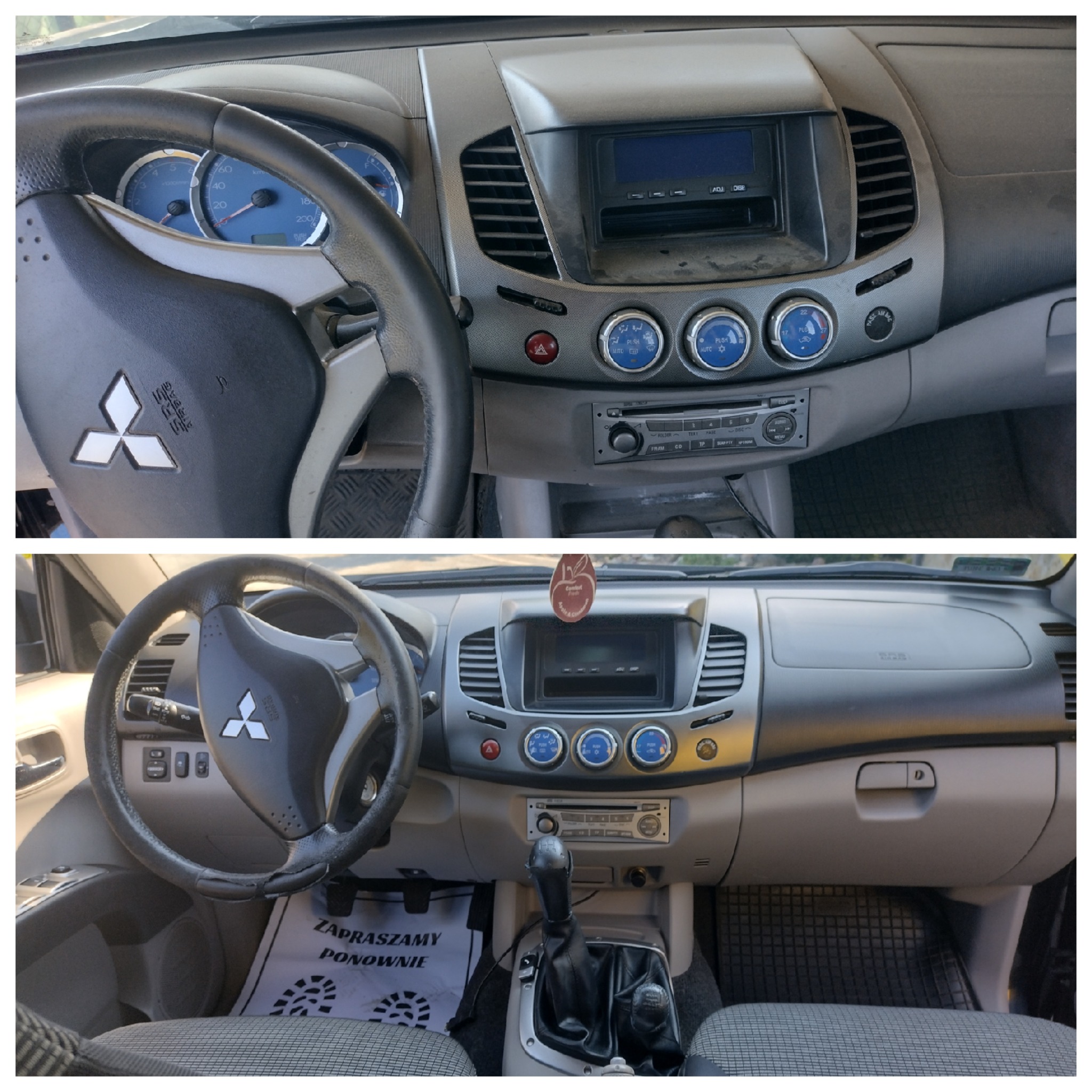 Porównanie wnętrza Mitsubishi L200 przed i po czyszczeniu, widoczne różnice w czystości deski rozdzielczej, konsoli środkowej i kierownicy.