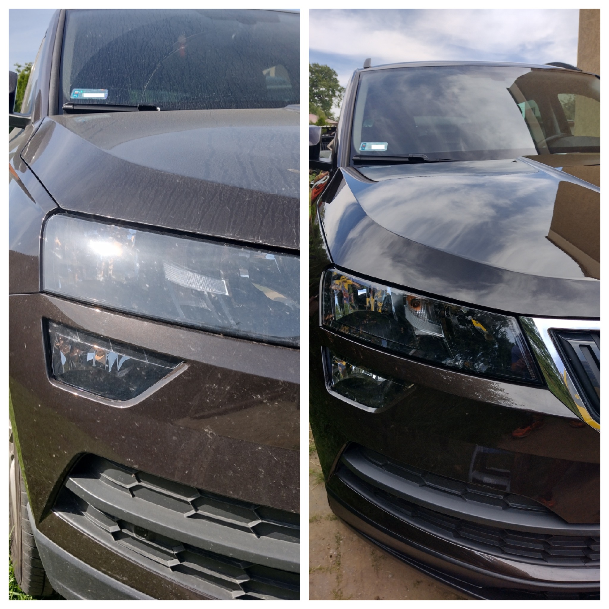 Porównanie przodu samochodu przed i po umyciu, widoczne różnice w czystości reflektorów i karoserii.