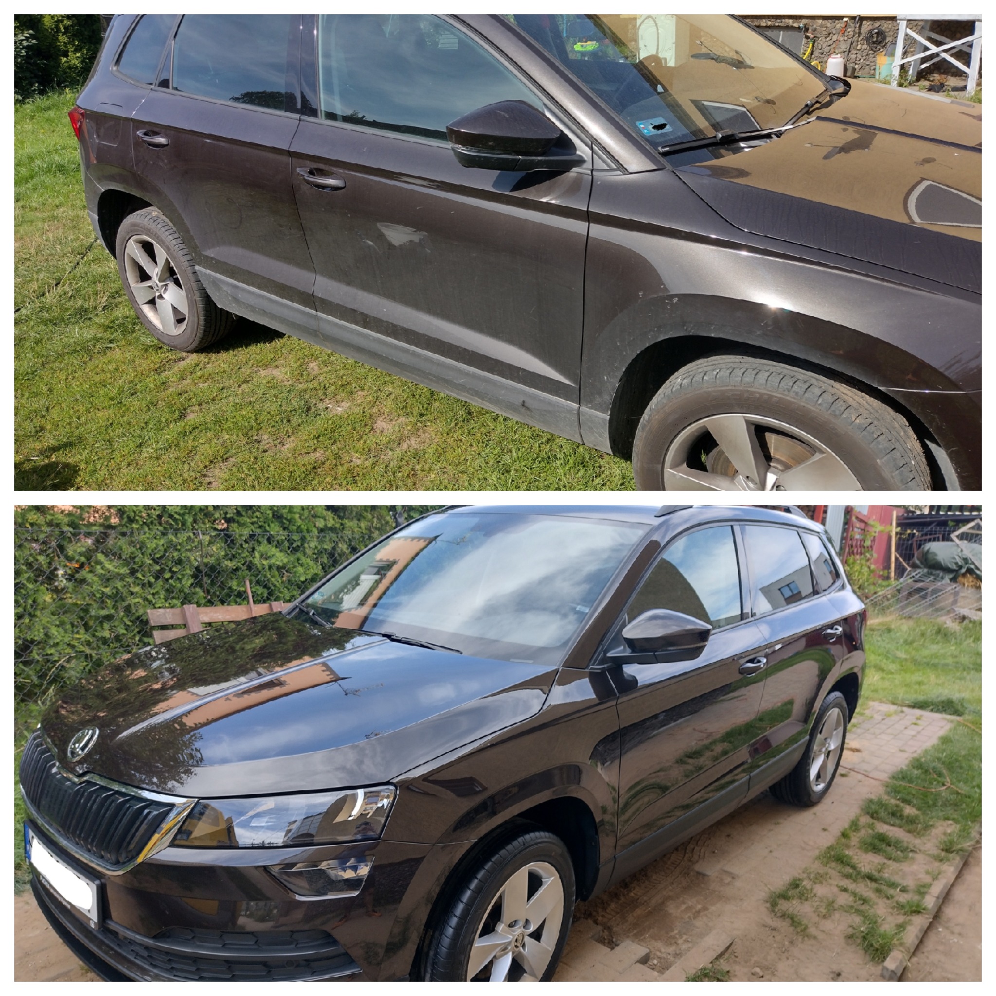 Porównanie: Brudny, brązowy SUV Skoda Karoq przed i po umyciu, prezentujący efekt czystej karoserii i lśniących opon.