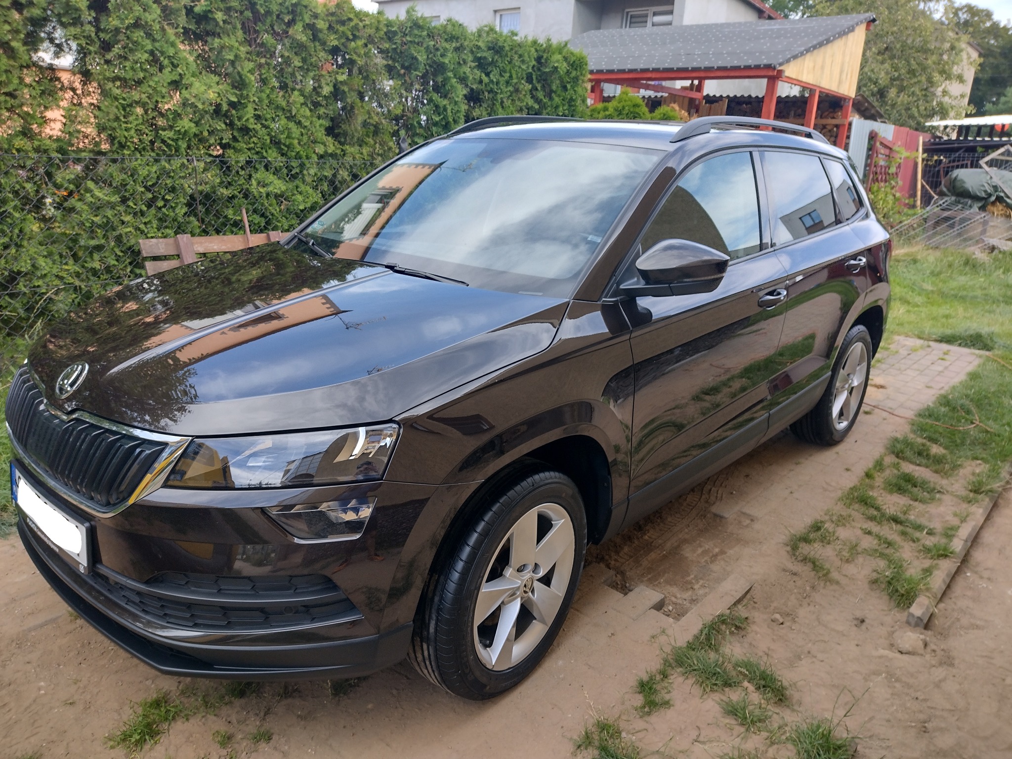 Błyszczący, ciemny SUV Skoda Karoq po umyciu, stojący na ziemi z zieloną trawą w tle.