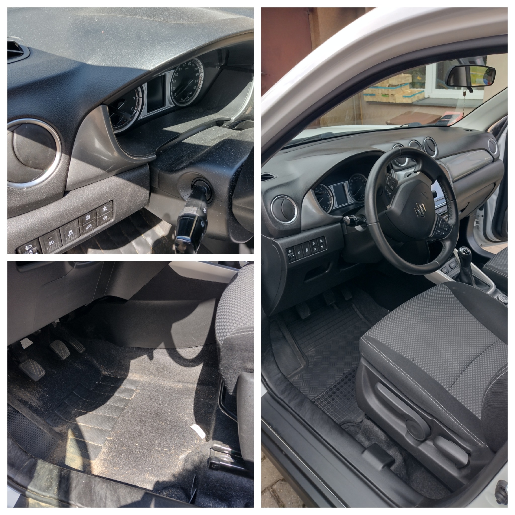 Wnętrze samochodu Suzuki Vitara przed czyszczeniem: brudna deska rozdzielcza, kierownica, fotele i dywaniki podłogowe.