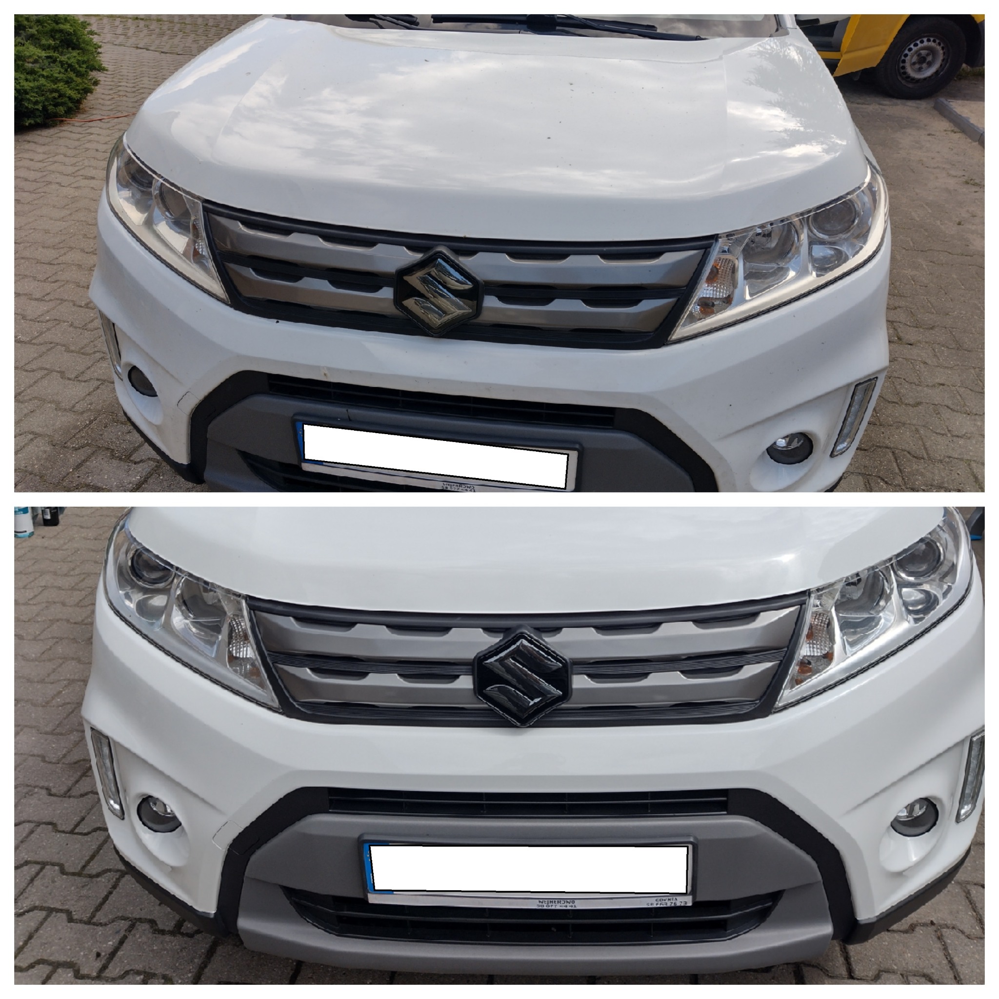 Porównanie przed i po myciu przedniego zderzaka białego Suzuki Vitara, widoczne różnice w czystości i połysku.
