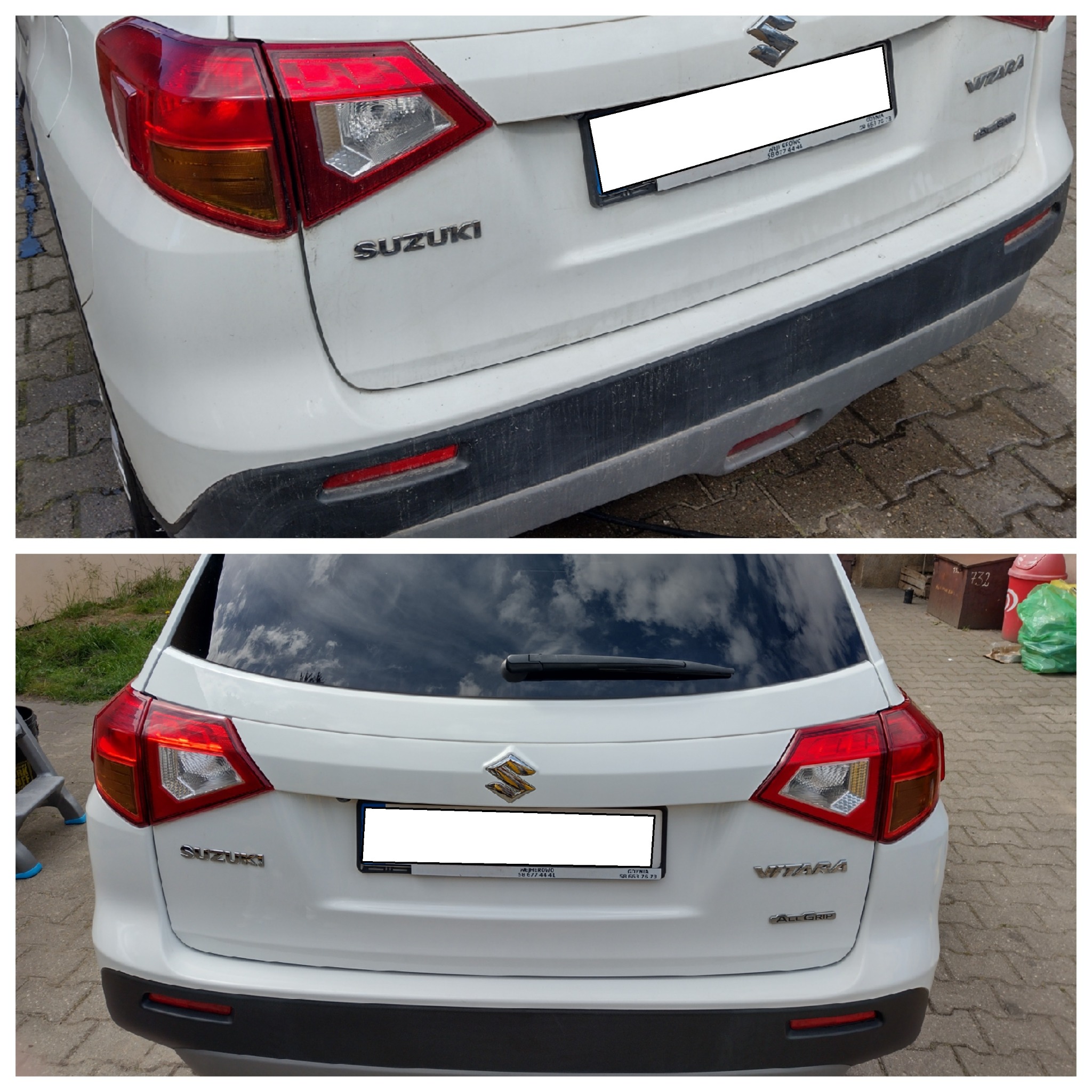 Dwa ujęcia tyłu brudnego, białego samochodu Suzuki Vitara przed i po umyciu, widoczne różnice w czystości karoserii i zderzaka.