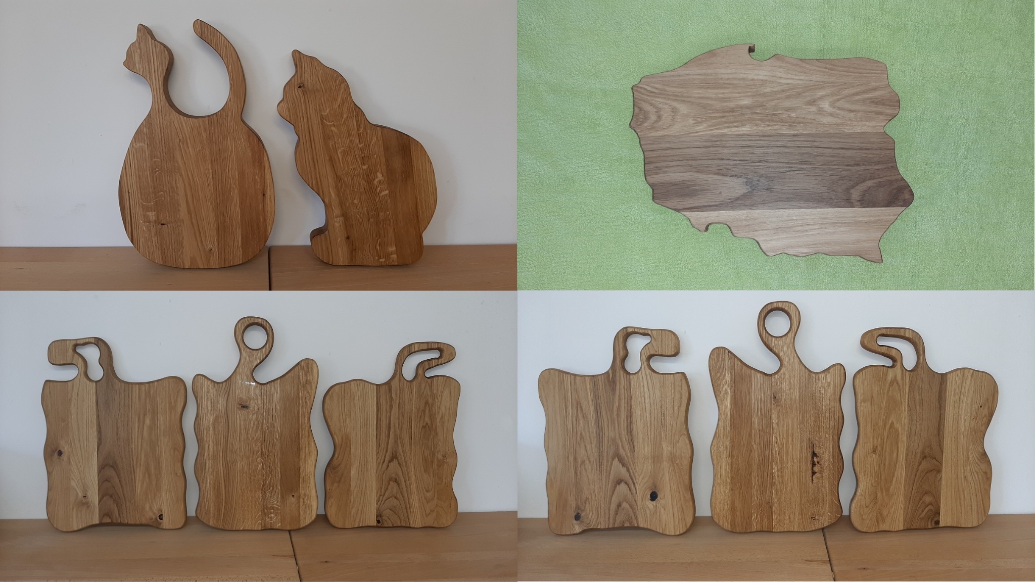 Ręcznie robione deski do krojenia z drewna w Kolbudach: dwie w kształcie kota (siedzącego i z uniesionym ogonem), jedna w kształcie mapy Polski na zielonym tle oraz trzy o nieregularnych kształtach...