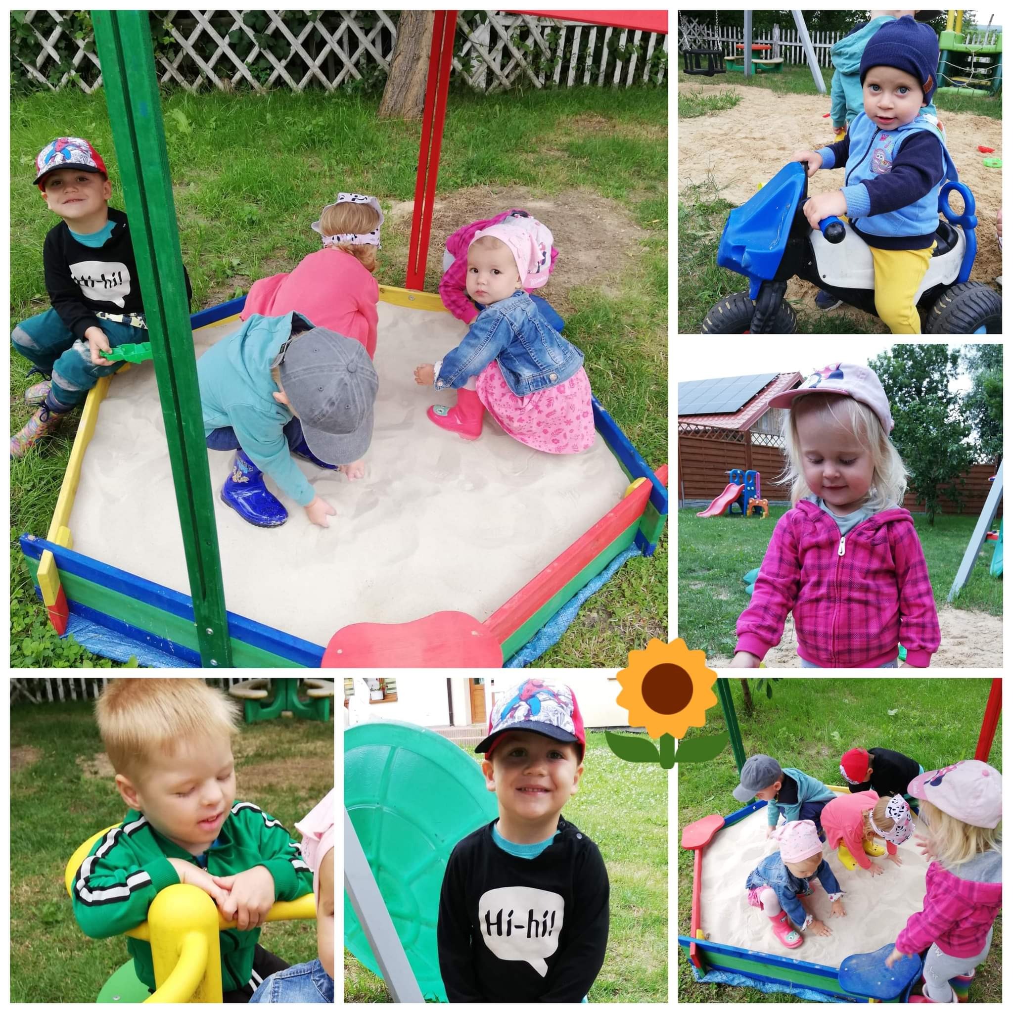 Mozaika zdjęć przedstawiająca dzieci bawiące się w piaskownicy, na placu zabaw i jeżdżące na plastikowym motocyklu.