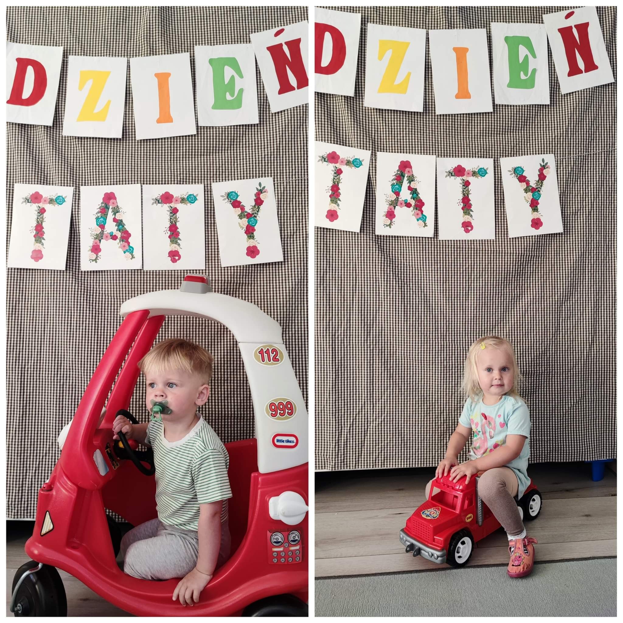 Uroczystość Dzień Taty we Władysławowie: chłopiec w czerwonym samochodziku Little Tikes i dziewczynka na czerwonej ciężarówce, na tle dekoracji z napisem Dzień Taty.