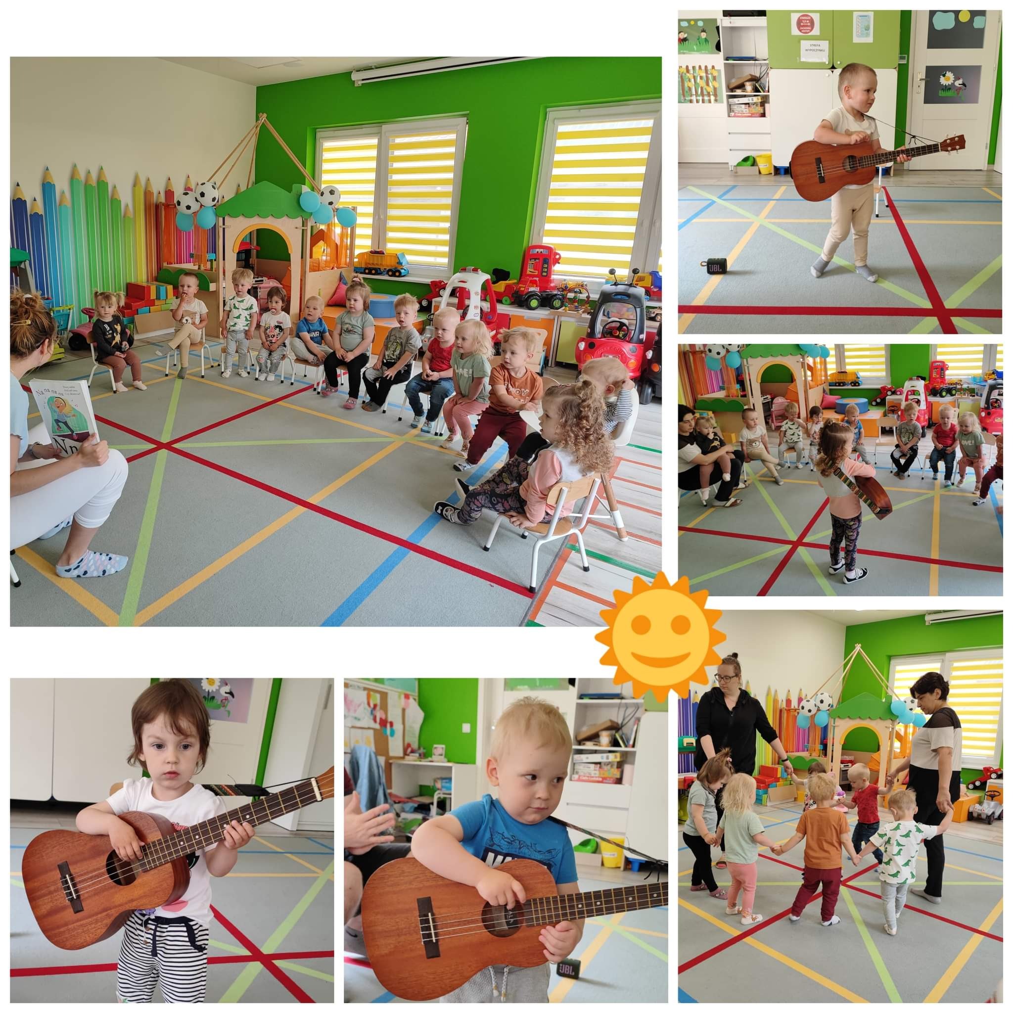 Dzieci bawiące się w przedszkolu, niektóre siedzą na krzesłach podczas czytania książki, inne grają na ukulele i tańczą w kółku.