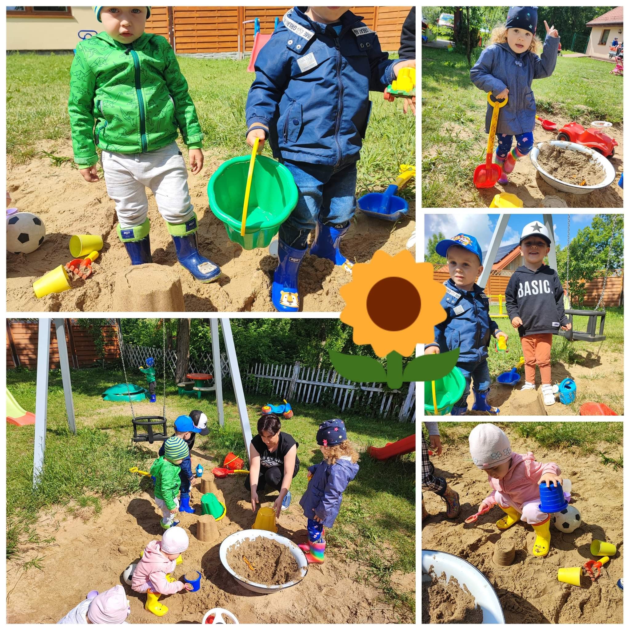 Mozaika zdjęć przedstawiająca grupę dzieci bawiących się w piaskownicy z różnokolorowymi zabawkami, w tle widoczne huśtawki i zieleń trawy.