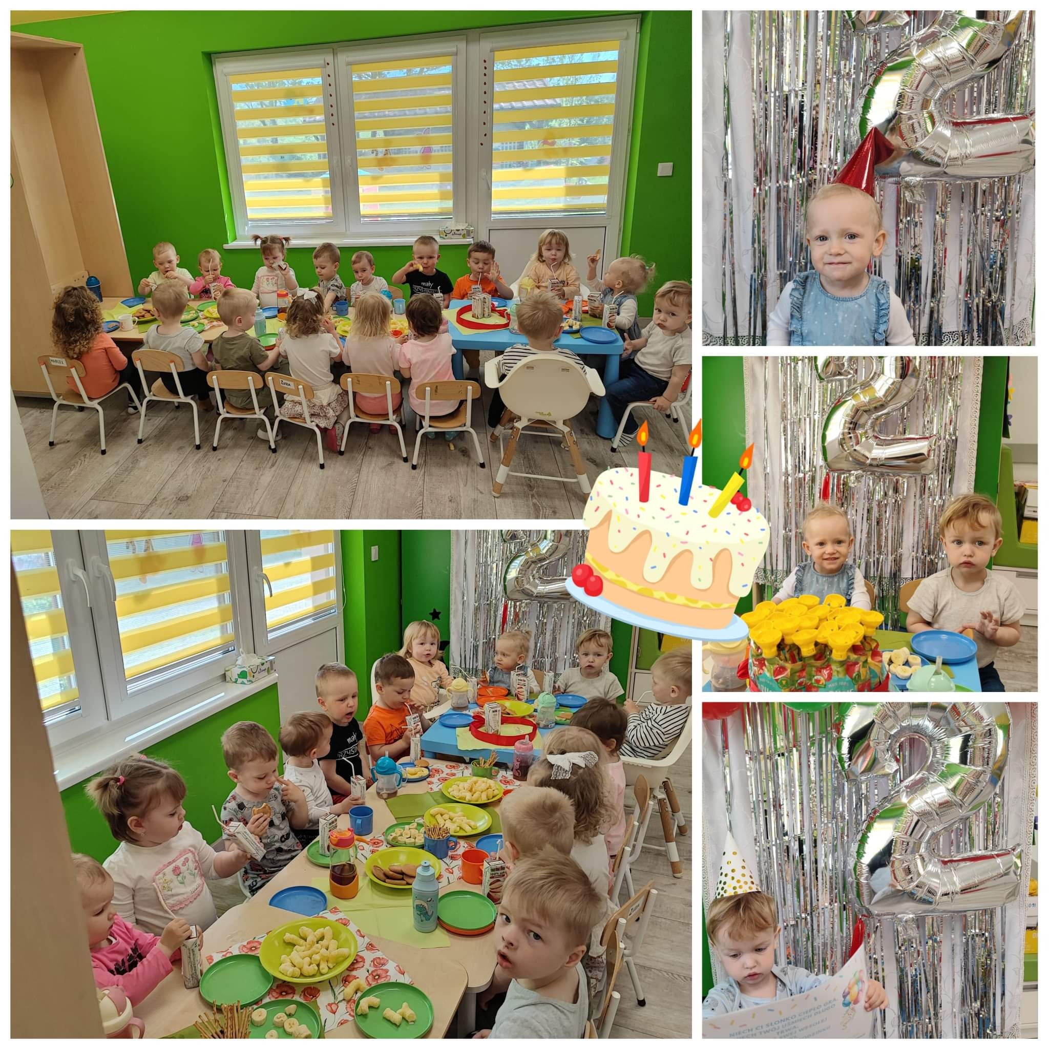 Dzieci siedzące przy stołach w jasnym pomieszczeniu, jedzące przekąski i świętujące urodziny, dekoracje urodzinowe w tle.