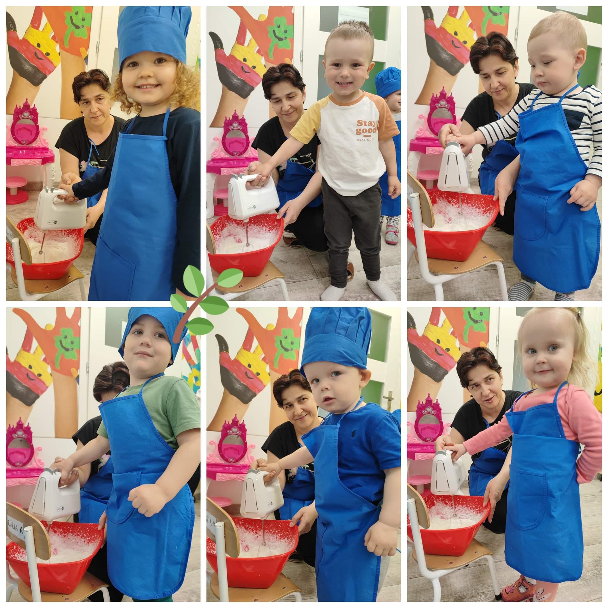 Mozaika zdjęć dzieci w niebieskich fartuchach i czapkach kucharskich, mieszających mikserem w czerwonej misce pod okiem opiekunki, w tle kolorowe rysunki na ścianie i plastikowa toaletka.