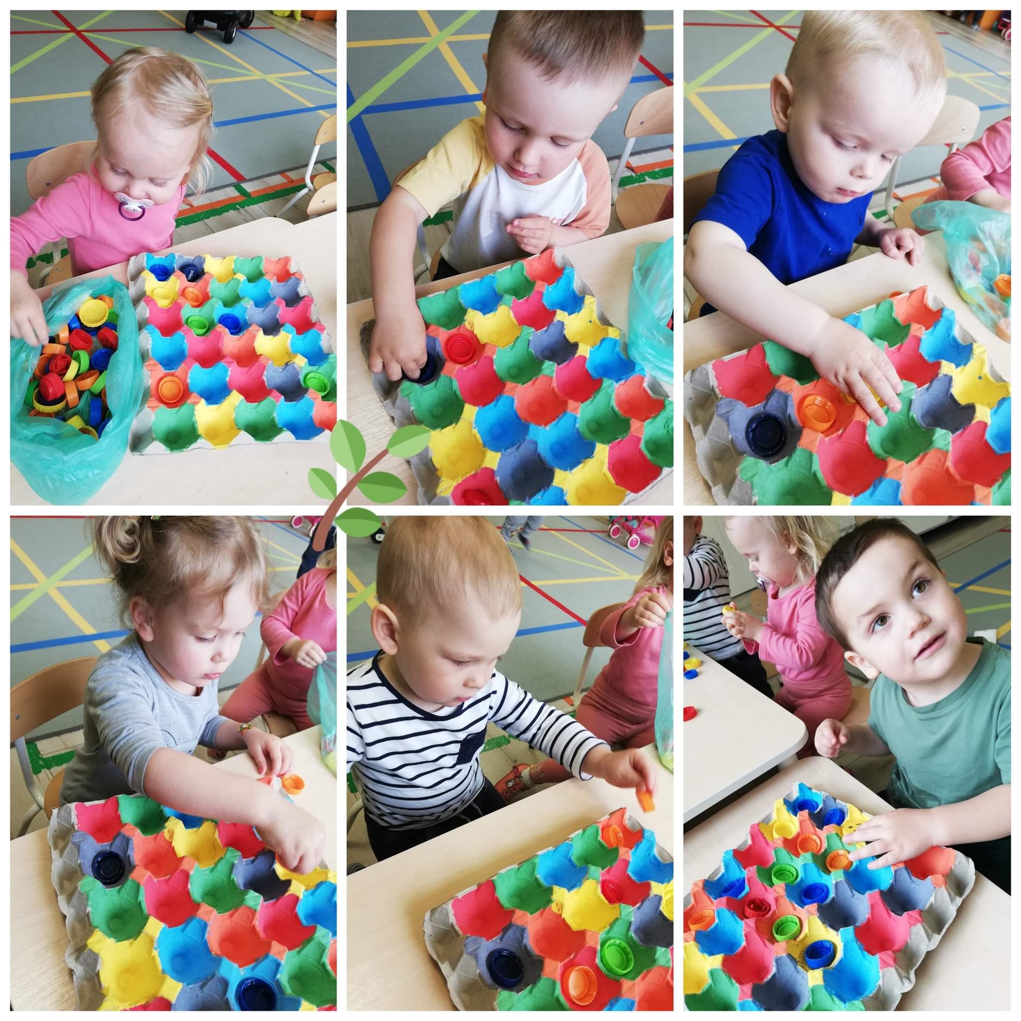 Mozaika zdjęć przedstawiająca dzieci w trakcie zabawy z kolorowymi nakrętkami i wytłaczankami po jajkach pomalowanymi na różne kolory, tworzącymi sorter.