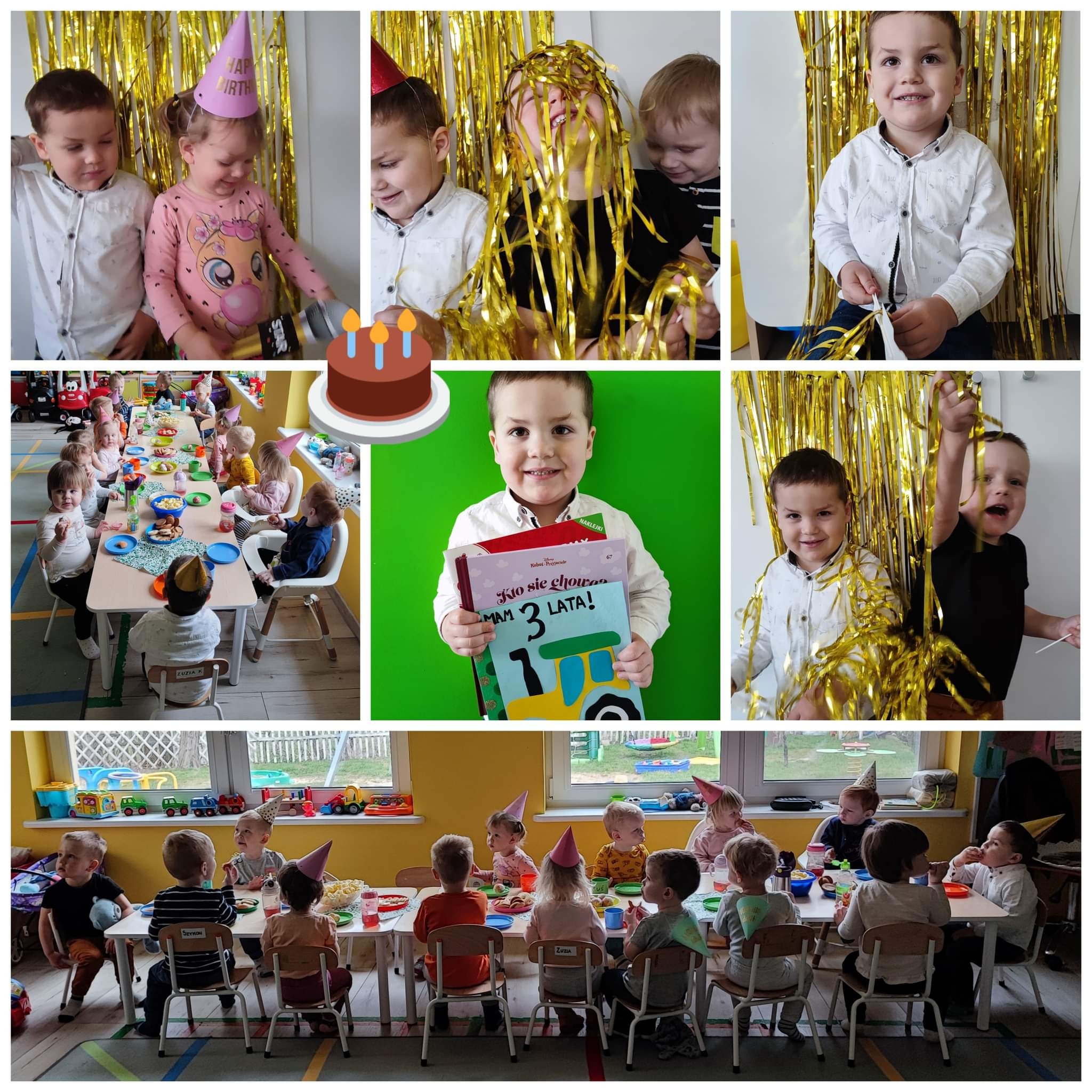 Kolaż zdjęć z przyjęcia urodzinowego dla dzieci: dzieci w czapkach urodzinowych, złote serpentyny, tort urodzinowy (ikona), książka 'Mam 3 lata', dzieci siedzące przy stole z przekąskami...